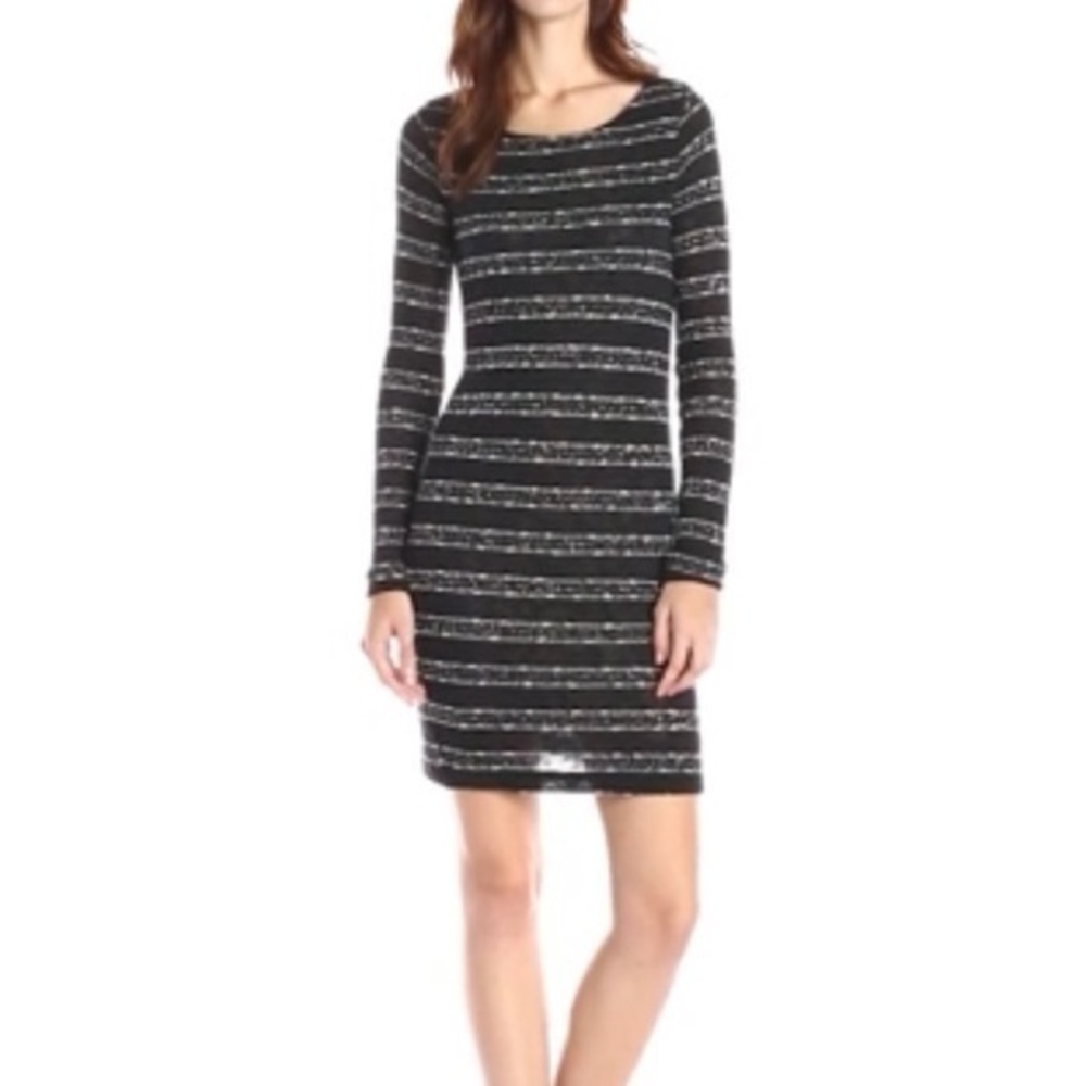 NWT Three Dots Cara Tie Back Metallic Striped Sweater Dress Black